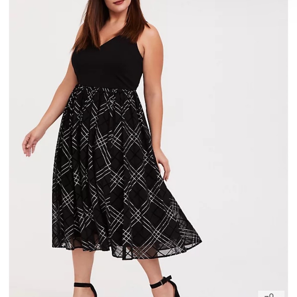 Black Ponte & Mesh Plaid Midi Dress